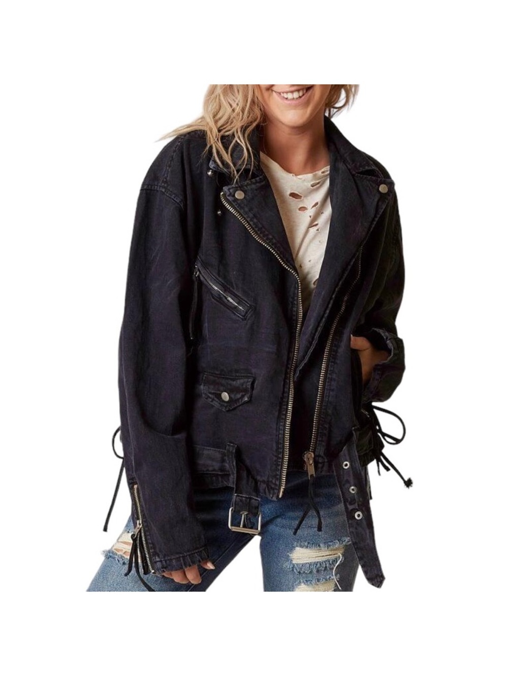 Free People oversized moto denim jacket motorcycle grunge punk grey black medium